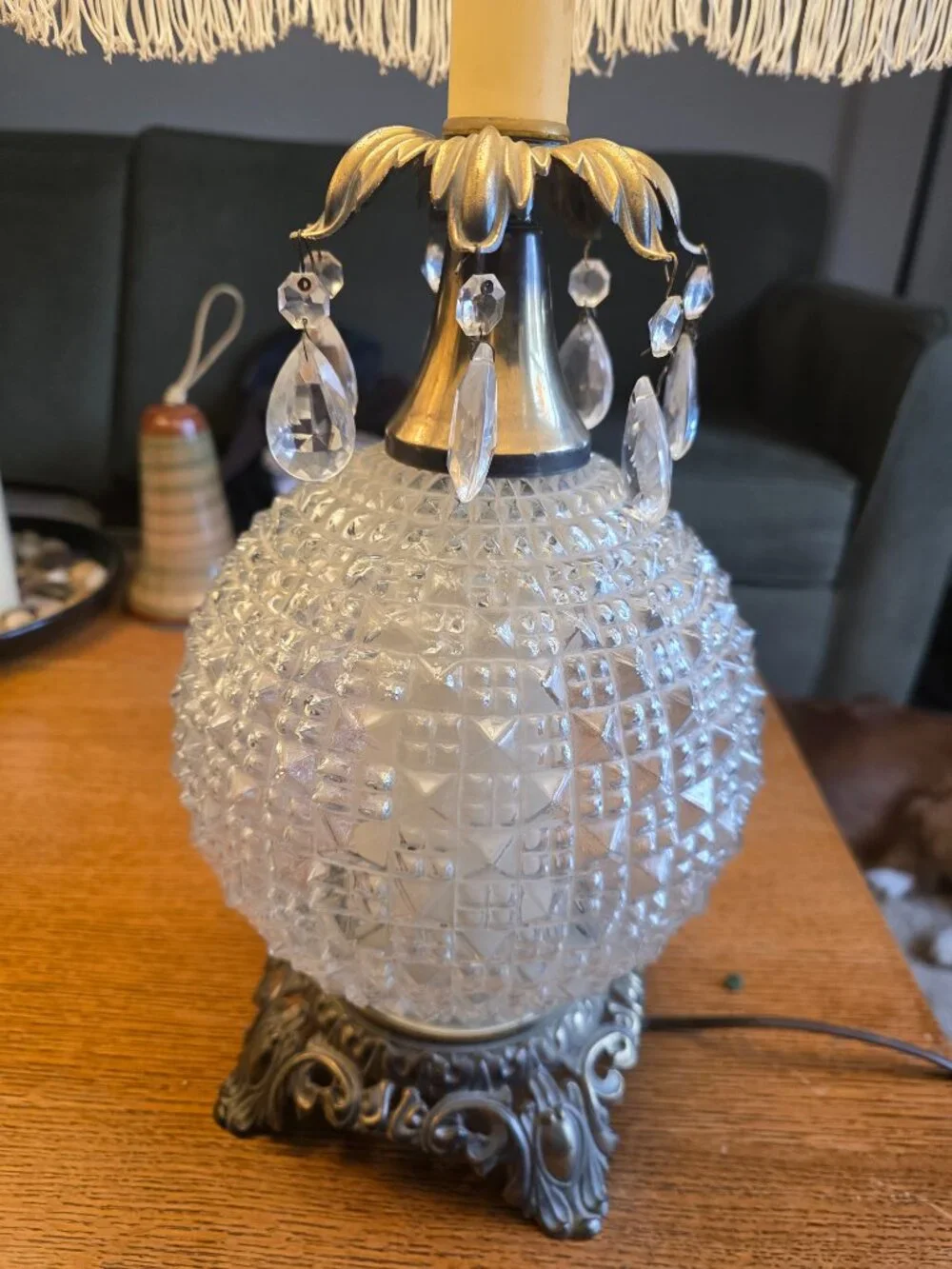Set Two Vintage Pressed Glass Hobnail Diamond Point Boudoir/Parlor Table Lamps